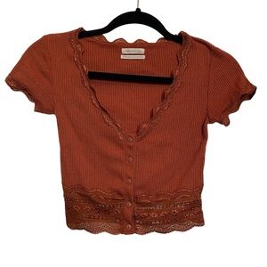 Urban Outfitters Rust Button-Up Lace Trim Top
